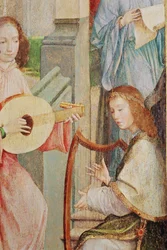 De Aankondiging, detail van twee Engelen die Instrumenten Bespelen (detail)